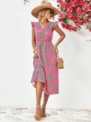 Printed V-Neck Cap Sleeve Dress