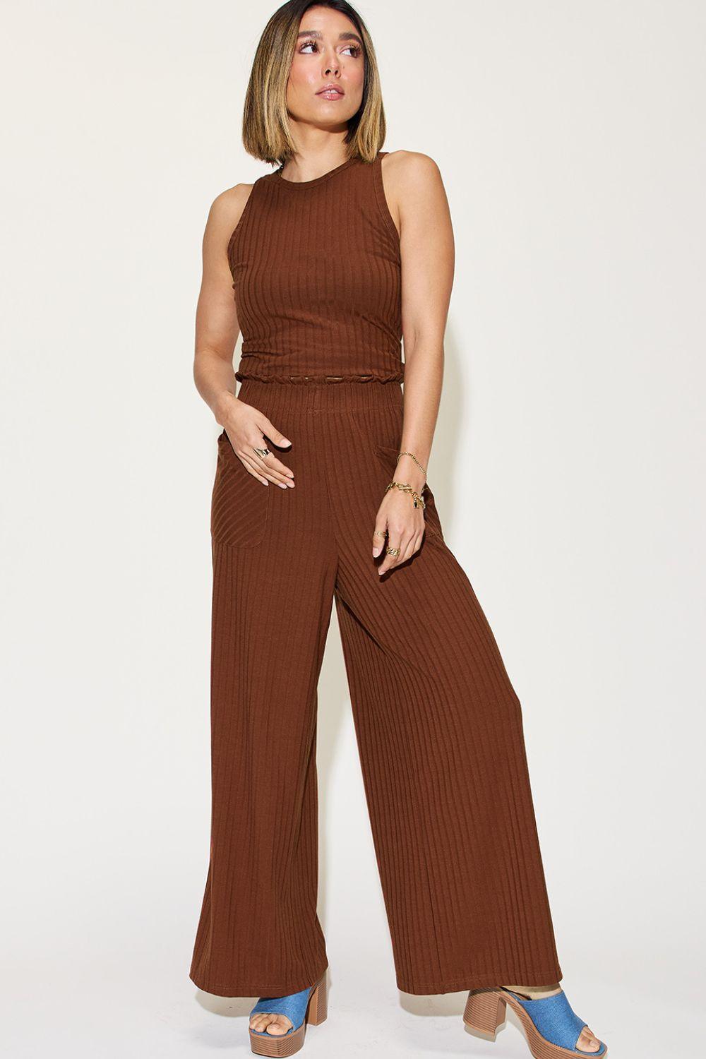 Basic Bae Full Size Ribbed Tank and Wide Leg Pants Set-Trendy Canvas