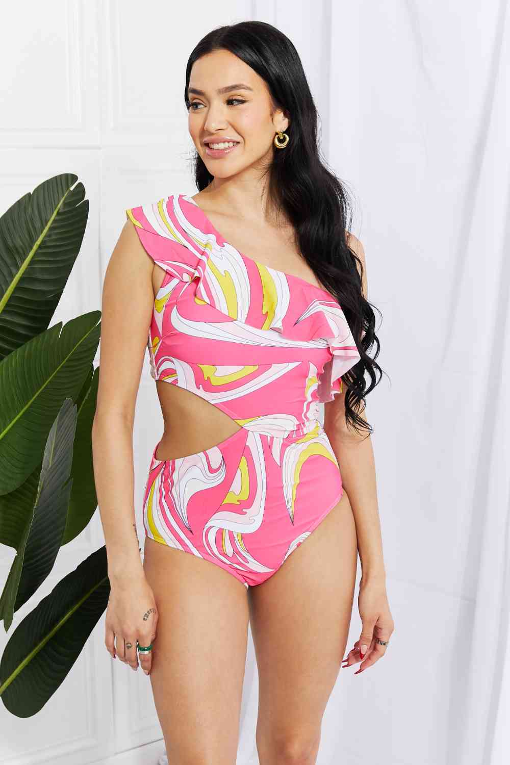 Marina West Swim Vitamin C Asymmetric Cutout Ruffle Swimsuit In Pink