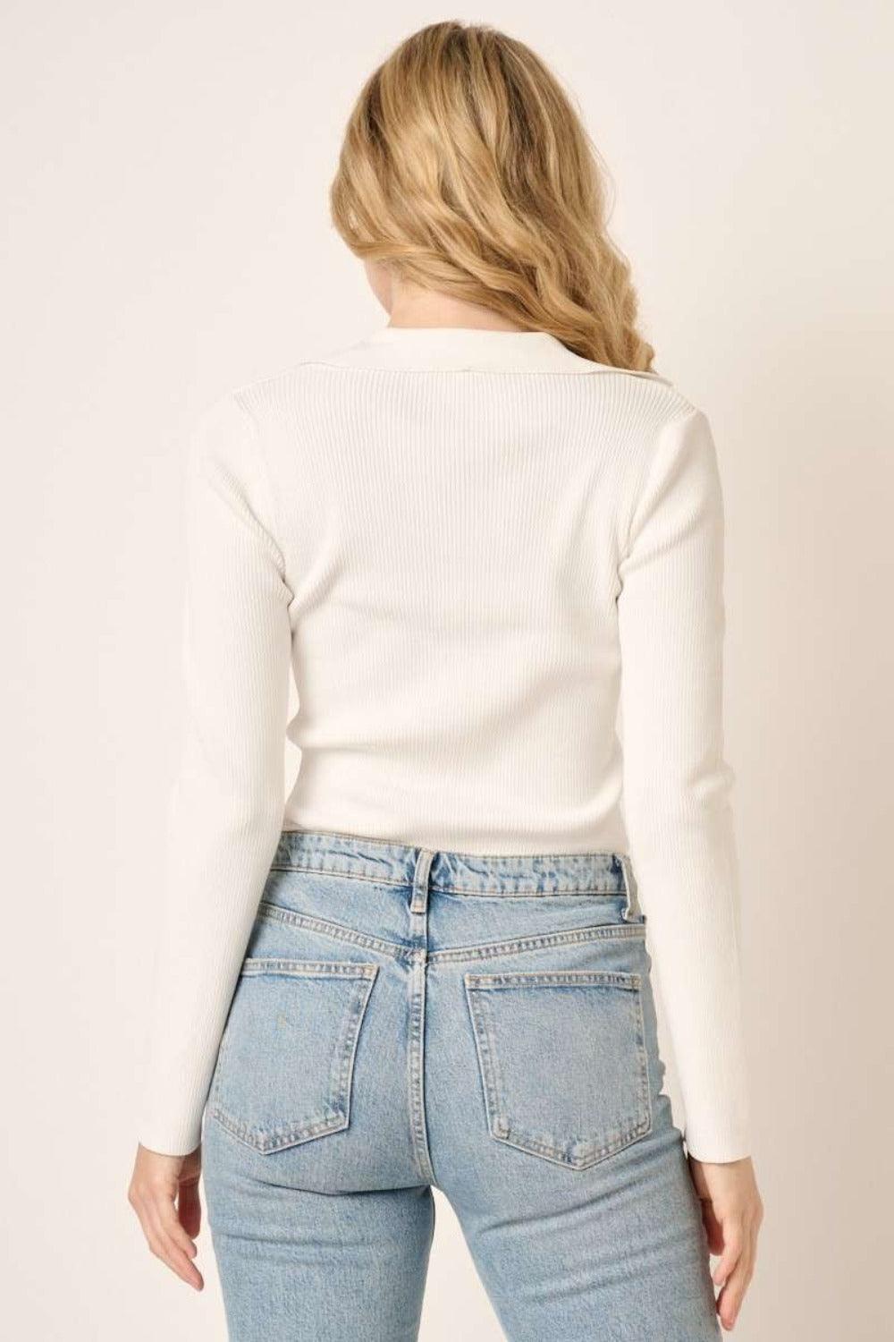 Mittoshop Polo Long Sleeve Ribbed Knit Top-Trendy Canvas