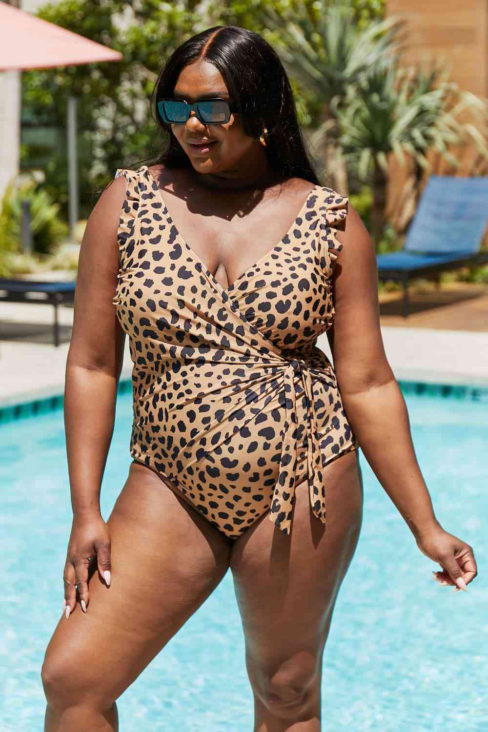 Marina West Swim Full Size Float On Ruffle Faux Wrap One-Piece In Leopard