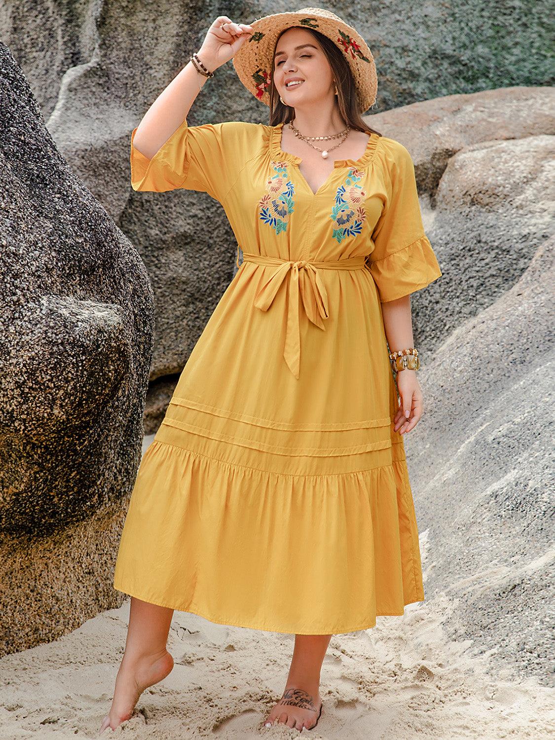 Plus Size Notched Tie Waist Half Sleeve Midi Dress