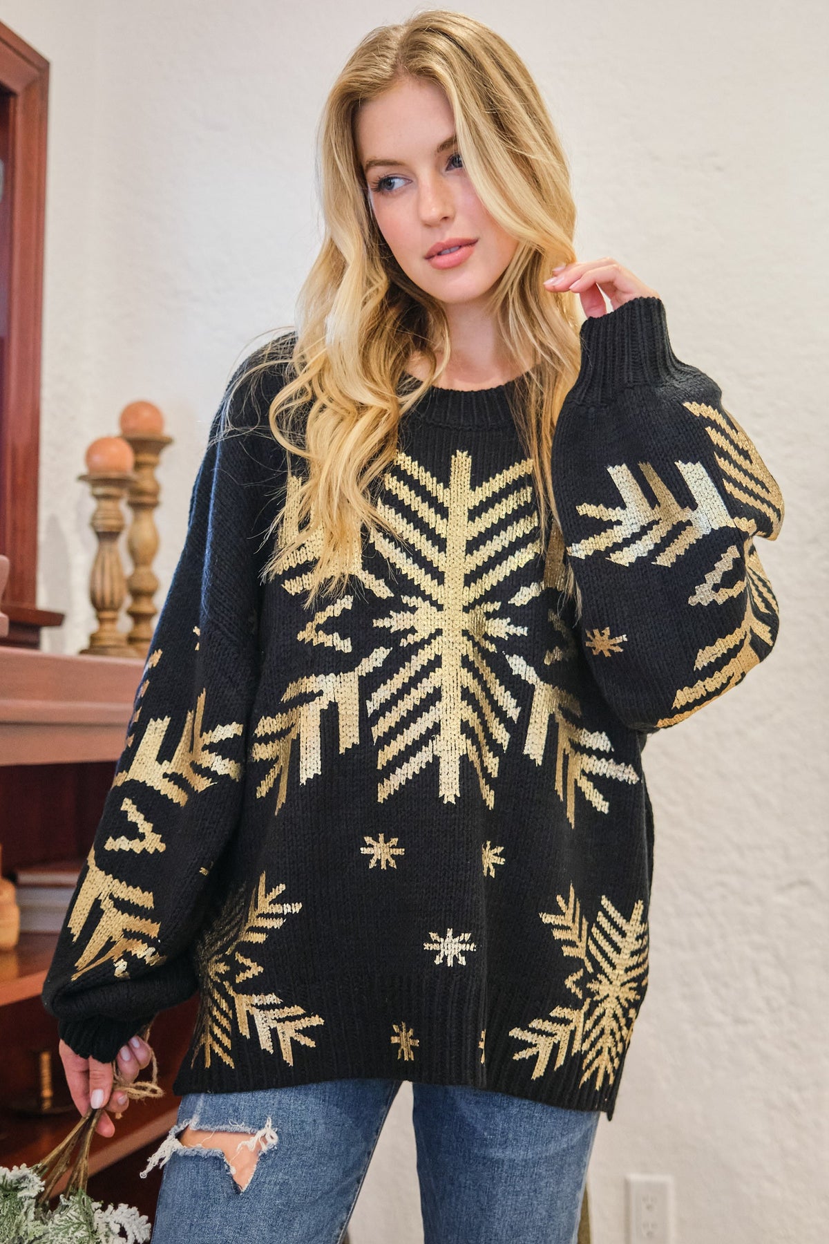 And The Why Foil Snowflake Round Neck Sweater-Trendy Canvas