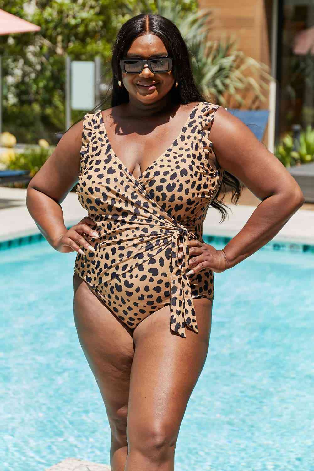 Marina West Swim Full Size Float On Ruffle Faux Wrap One-Piece In Leopard