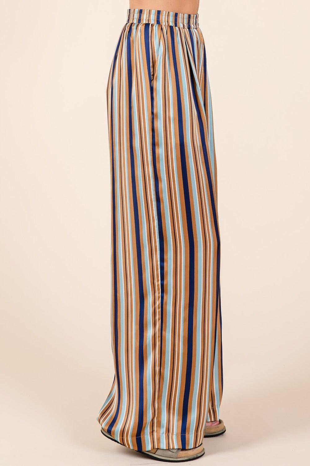 Mittoshop Striped Satin Elastic Waist Wide Leg Pants-Trendy Canvas