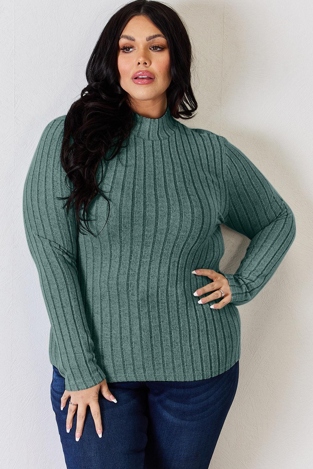 Full Size Ribbed Mock Neck Long Sleeve T-Shirt-Trendy Canvas