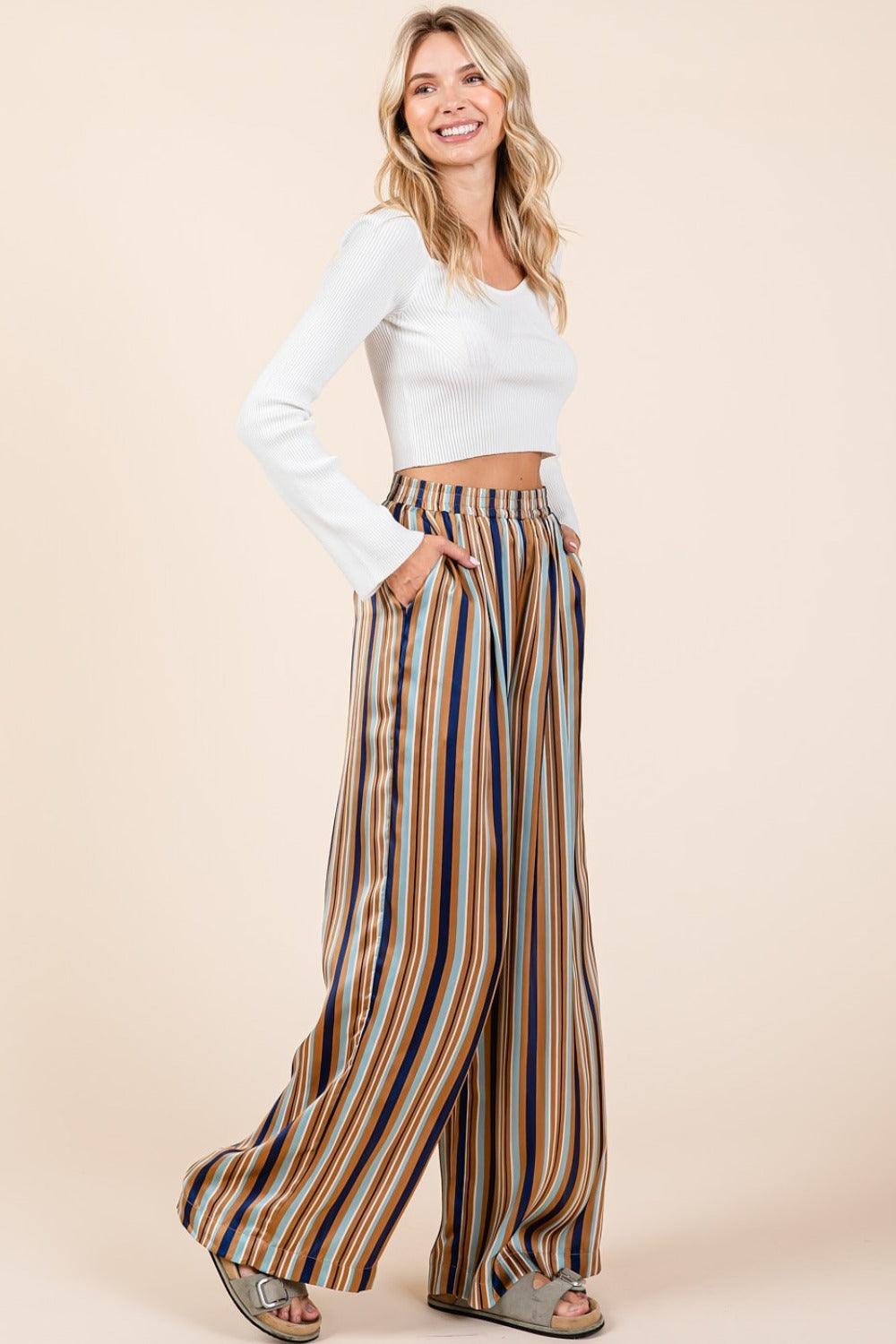 Mittoshop Striped Satin Elastic Waist Wide Leg Pants-Trendy Canvas