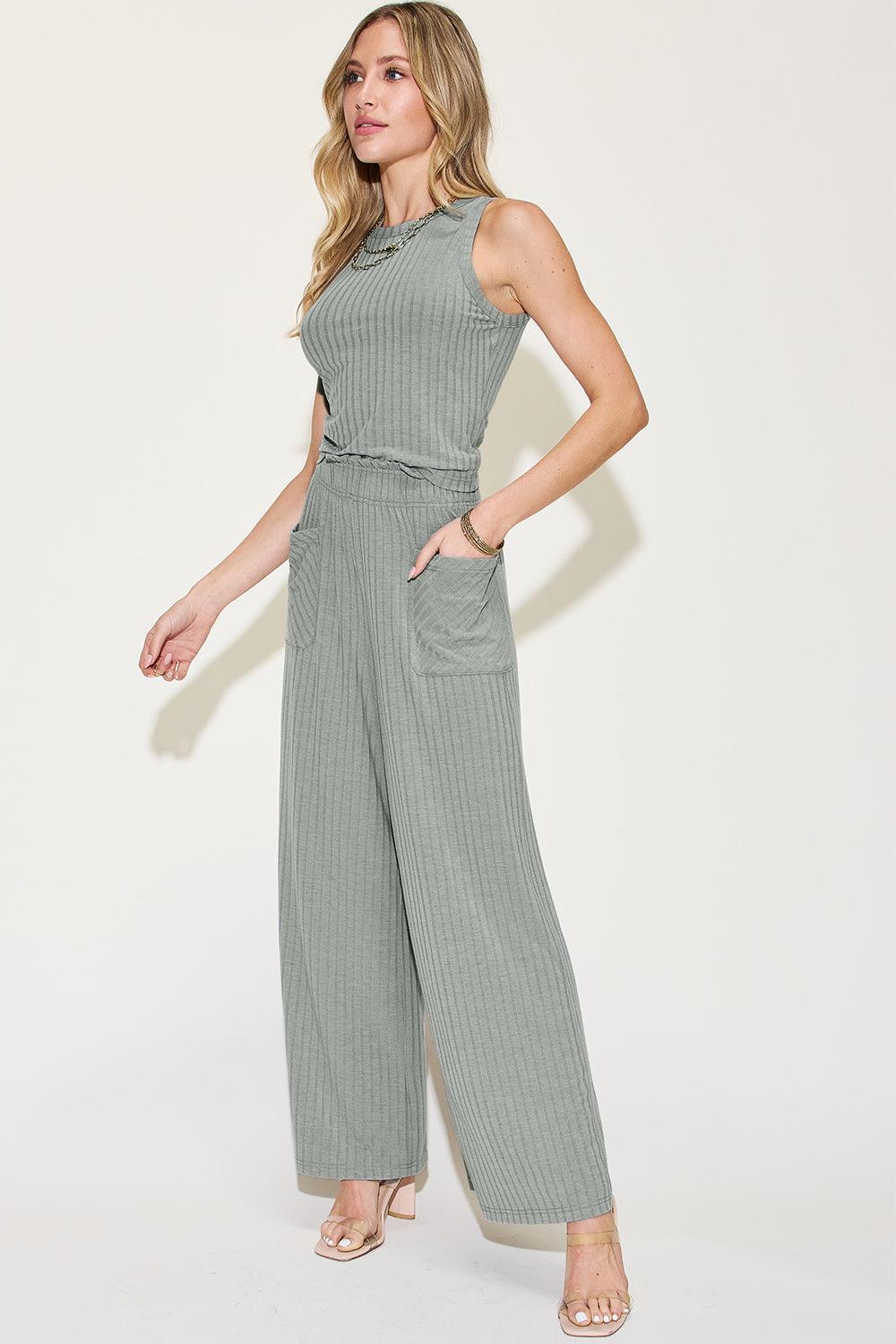 Basic Bae Full Size Ribbed Tank and Wide Leg Pants Set-Trendy Canvas