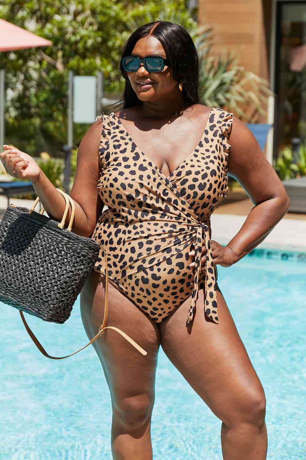 Marina West Swim Full Size Float On Ruffle Faux Wrap One-Piece In Leopard