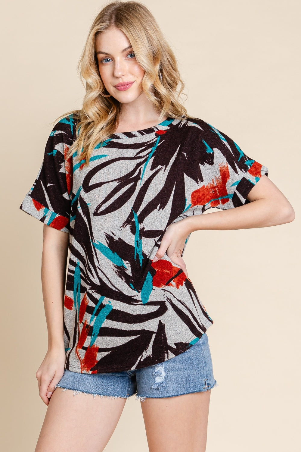BOMBOM Printed Round Neck Short Sleeve T-Shirt-Trendy Canvas