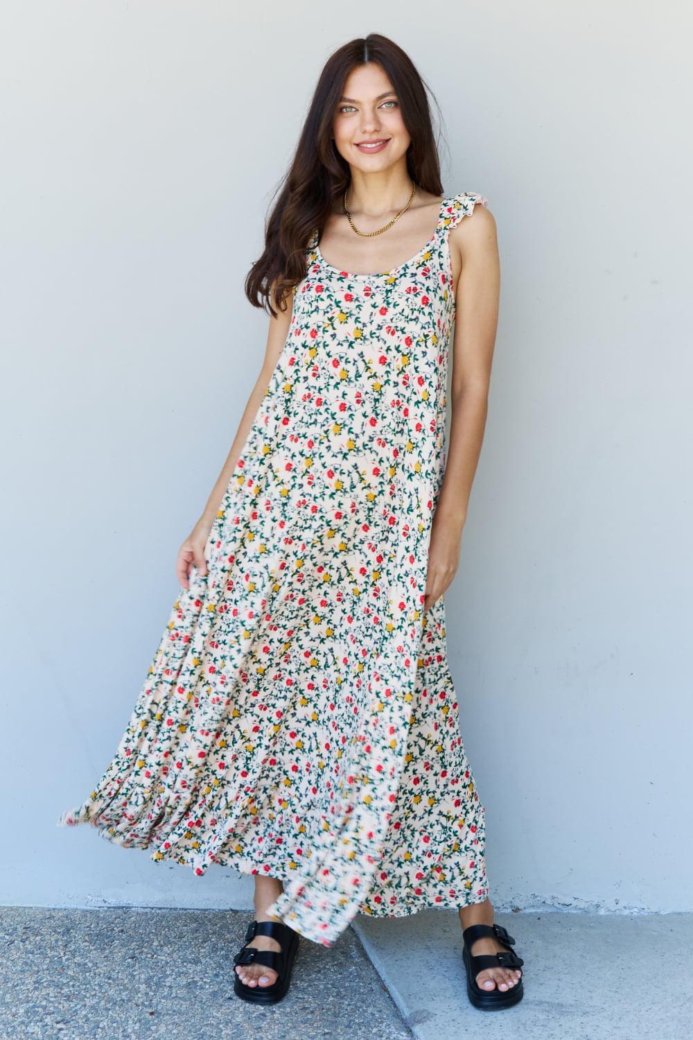 Doublju In The Garden Ruffle Floral Maxi Dress in Natural Rose-Trendy Canvas