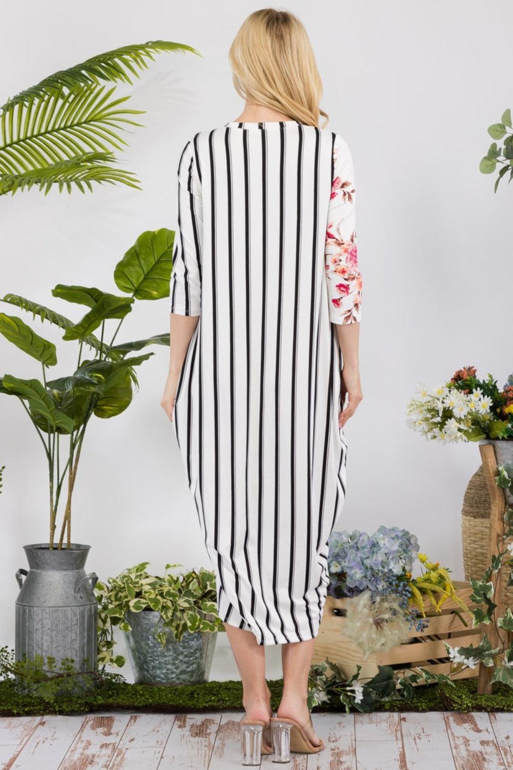 Celeste Full Size Floral Striped Contrast Midi-Dress with Pockets-Trendy Canvas