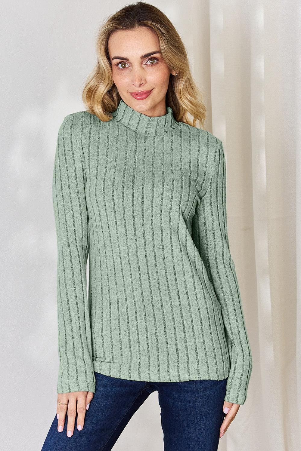 Full Size Ribbed Mock Neck Long Sleeve T-Shirt-Trendy Canvas