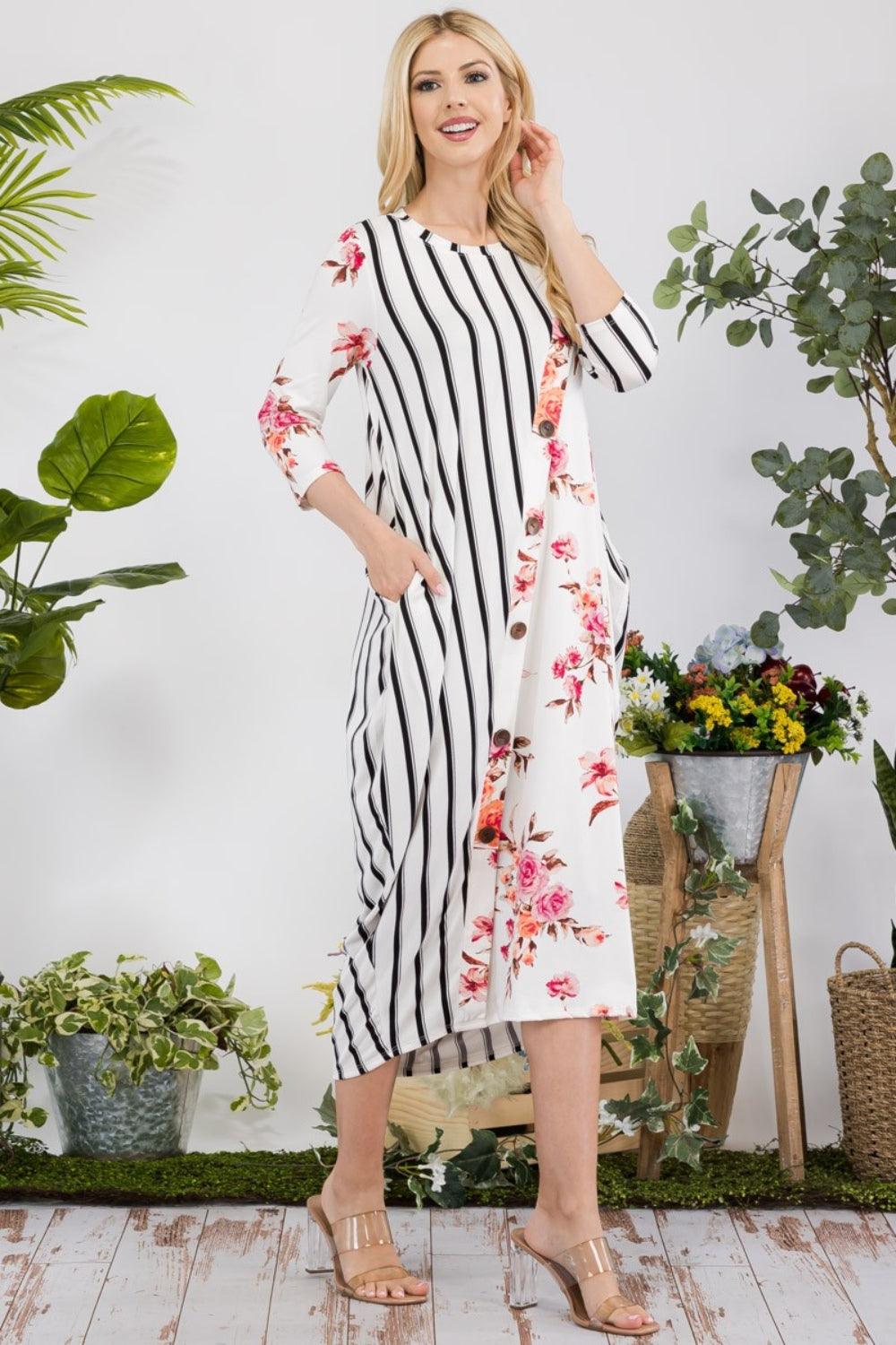 Celeste Full Size Floral Striped Contrast Midi-Dress with Pockets-Trendy Canvas