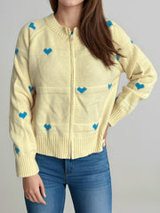 Heart Round Neck Zip Up Cardigan