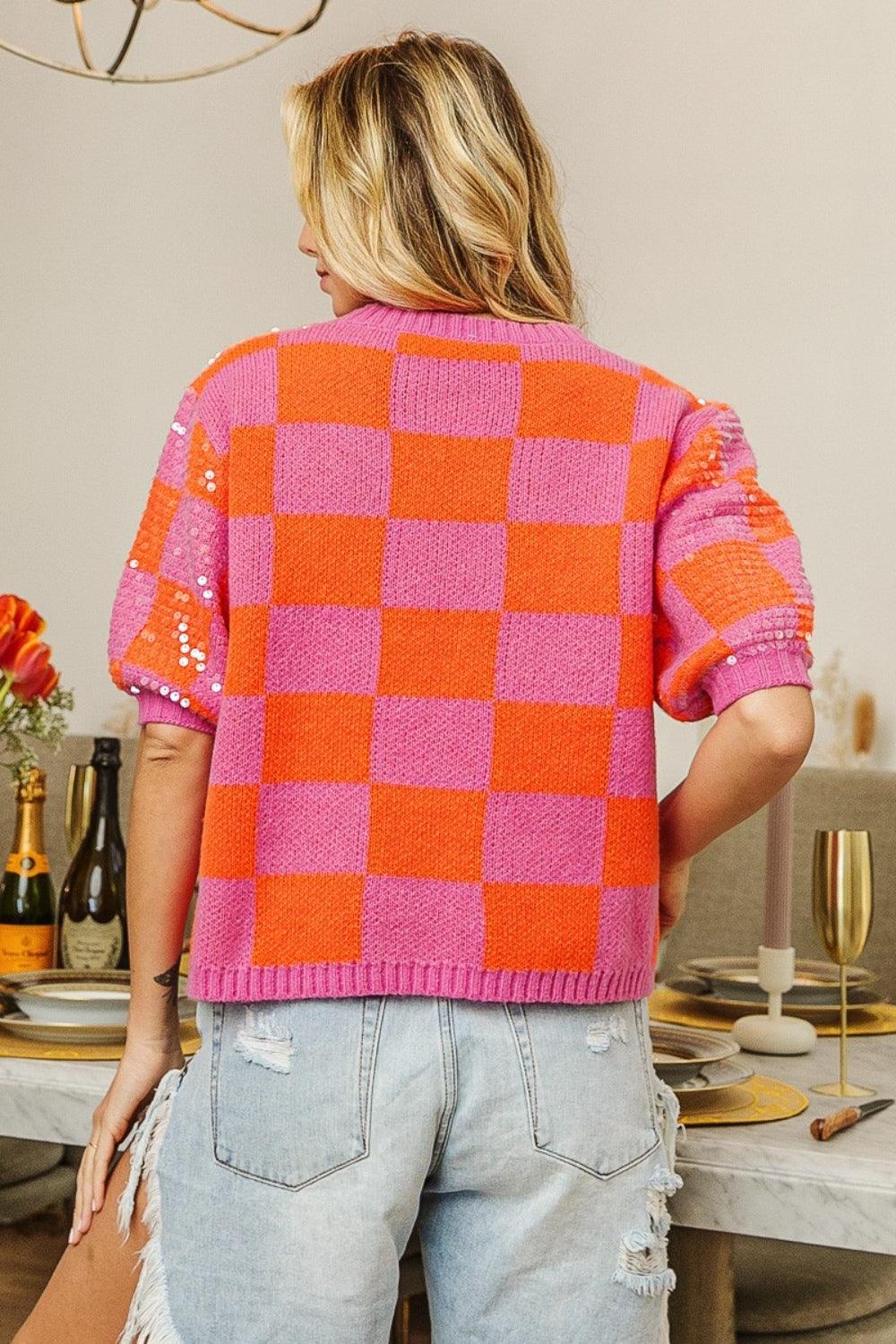 BiBi Checkered Short Sleeve Sequin Sweater-Trendy Canvas