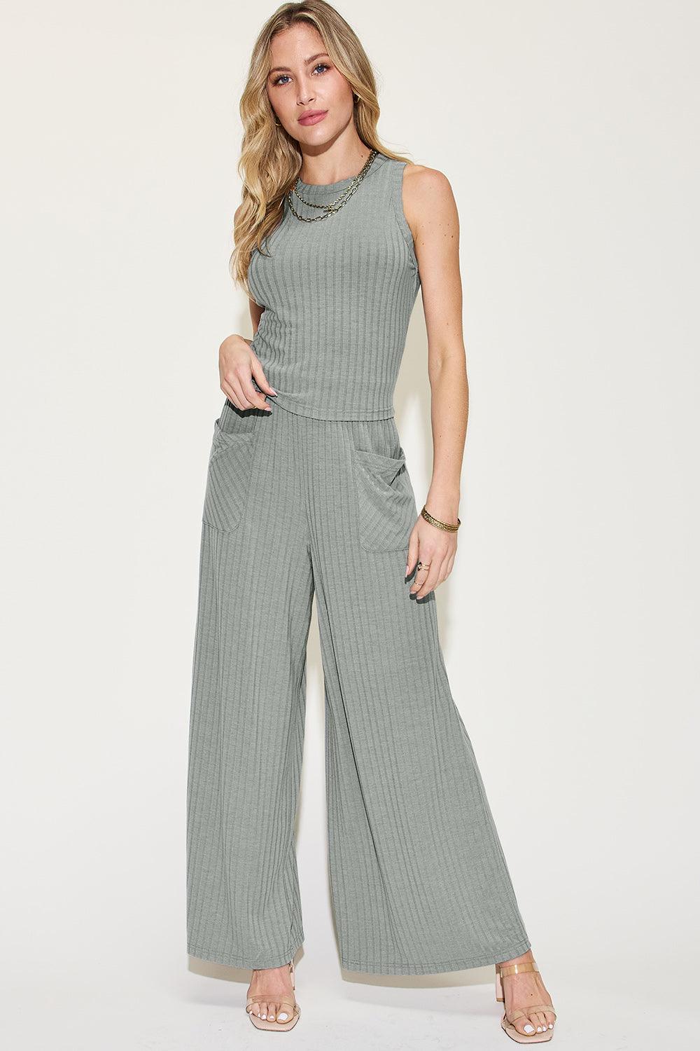 Basic Bae Full Size Ribbed Tank and Wide Leg Pants Set-Trendy Canvas