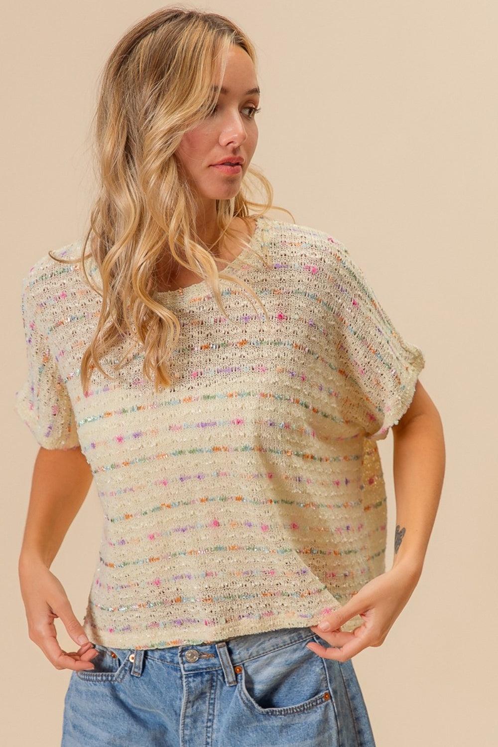 BiBi Striped Popcorn Knit Top-Trendy Canvas