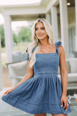 Square Neck Tie Shoulder Denim Dress