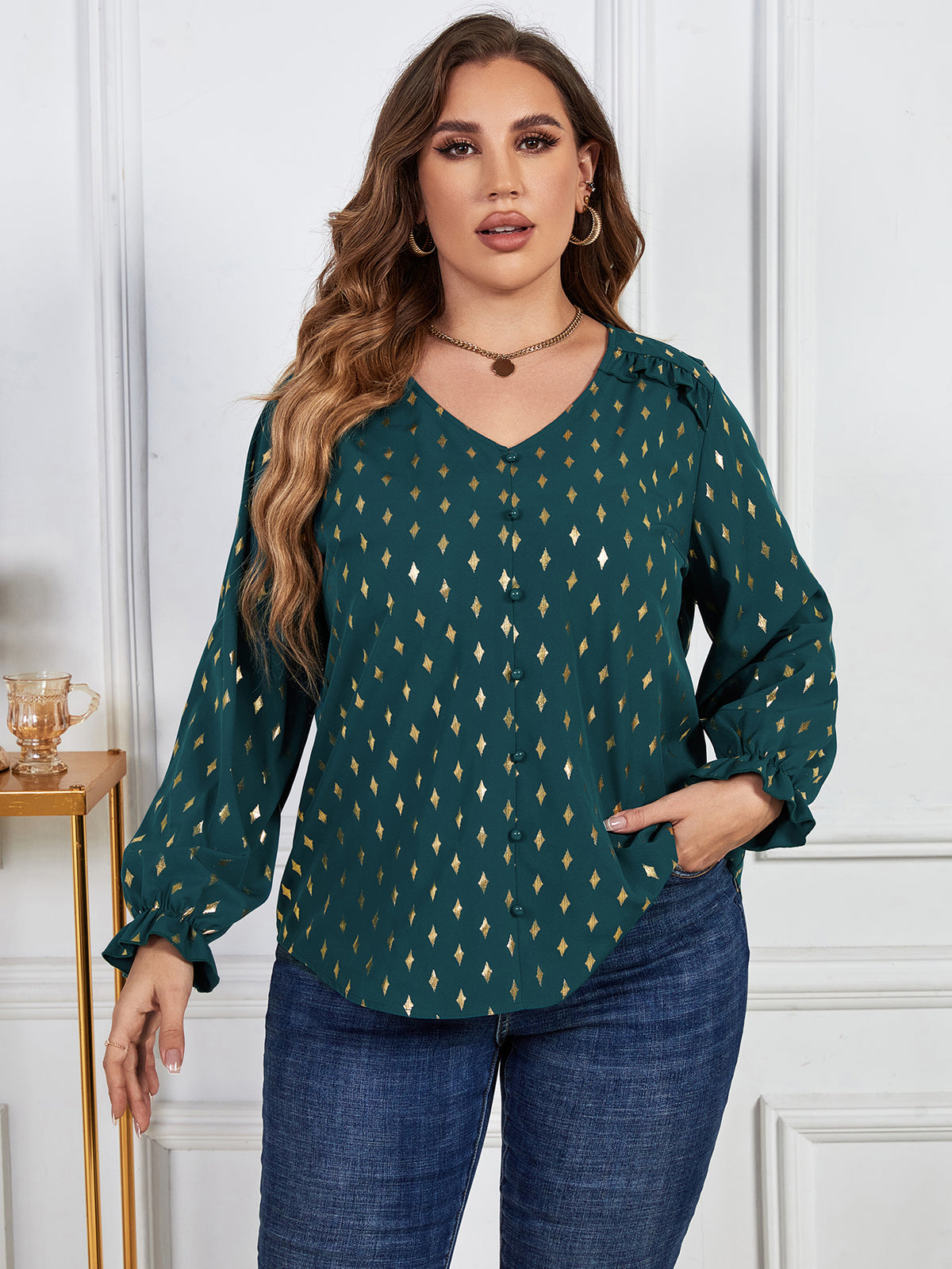 Honey Melo Apparel Plus Size Printed Frill Trim Flounce Sleeve Blouse