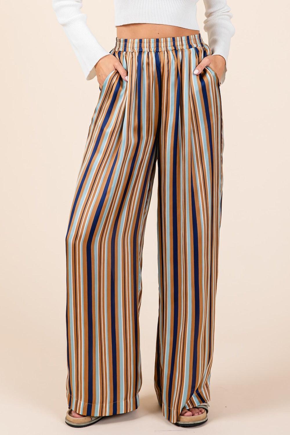 Mittoshop Striped Satin Elastic Waist Wide Leg Pants-Trendy Canvas