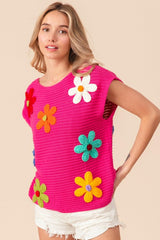 BiBi Flower Round Neck Cap Sleeve Knit Top-Trendy Canvas