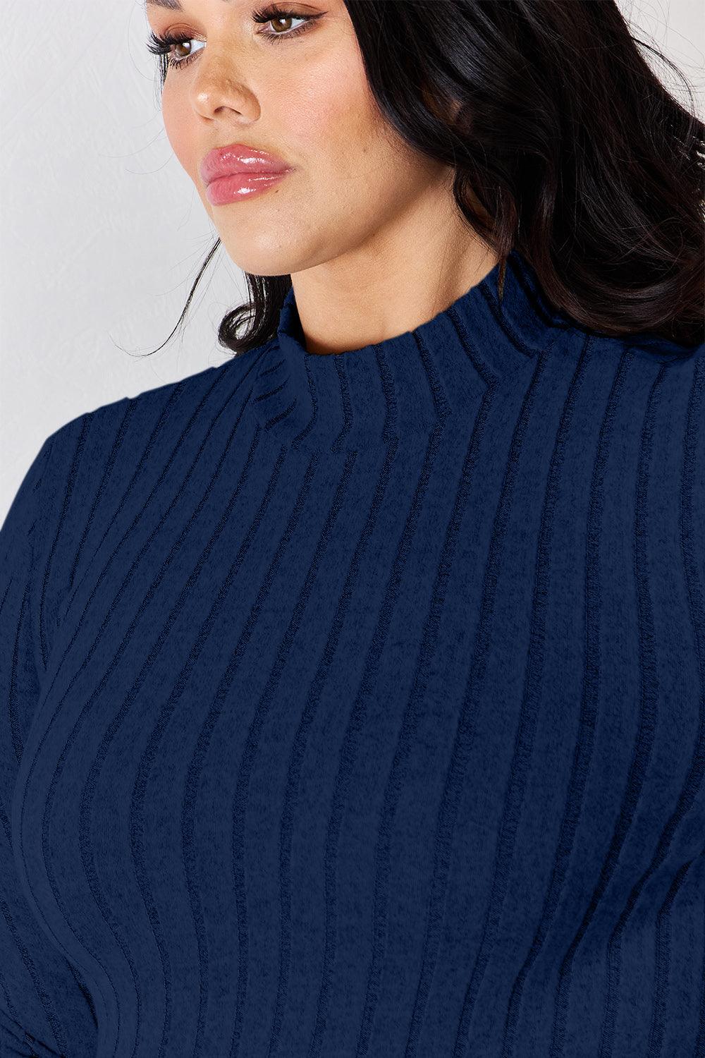 Full Size Ribbed Mock Neck Long Sleeve T-Shirt-Trendy Canvas