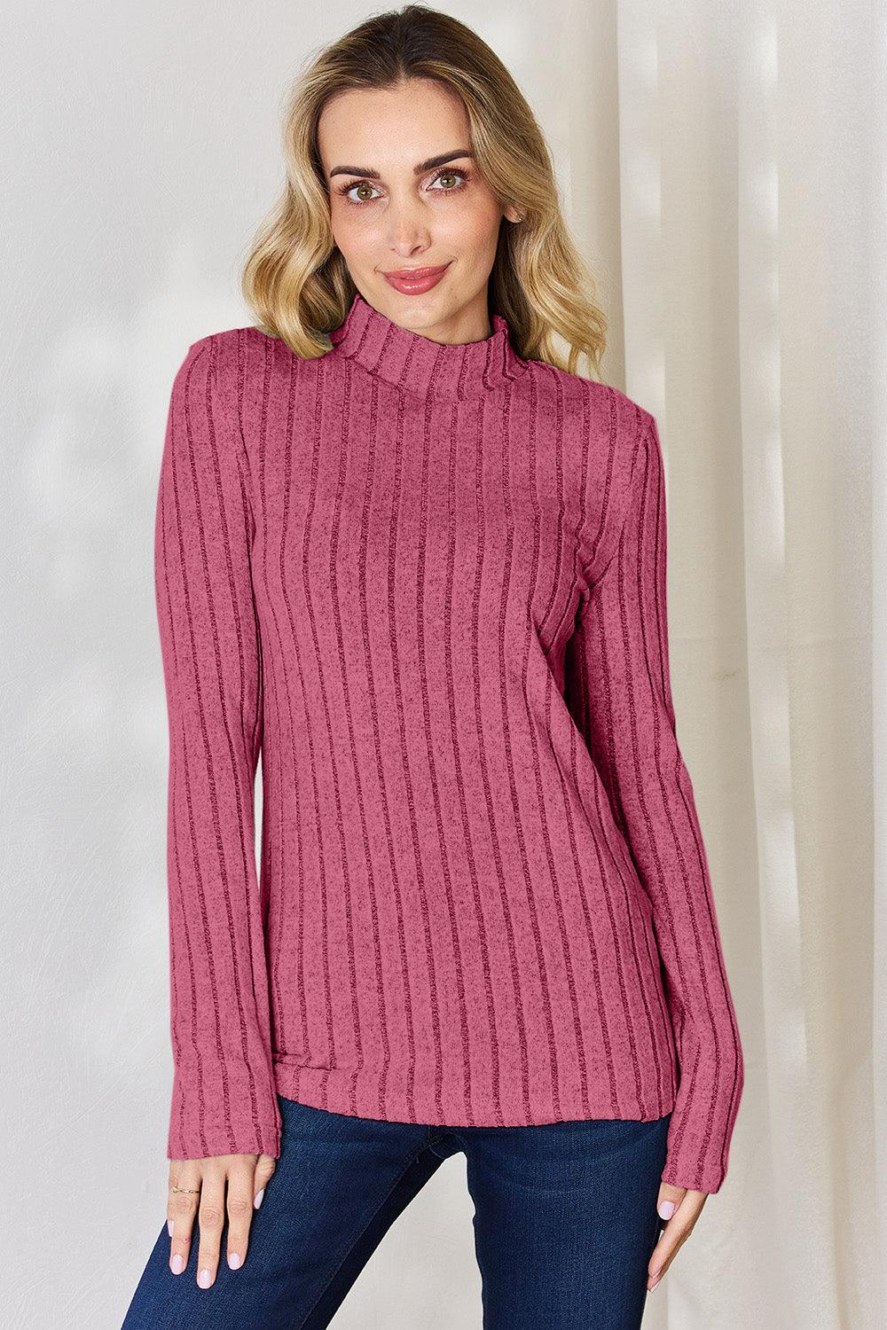 Full Size Ribbed Mock Neck Long Sleeve T-Shirt-Trendy Canvas