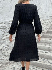 Full Size Swiss Dot V-Neck Long Sleeve Midi Dress