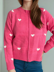 Heart Round Neck Zip Up Cardigan