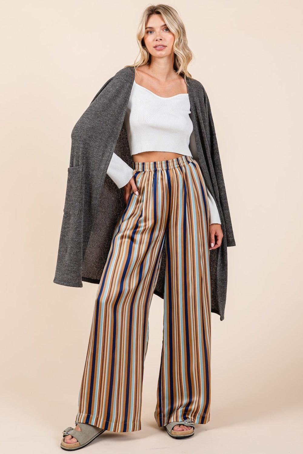 Mittoshop Striped Satin Elastic Waist Wide Leg Pants-Trendy Canvas