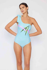 Marina West Swim Vacay Mode One Shoulder Swimsuit In Pastel Blue