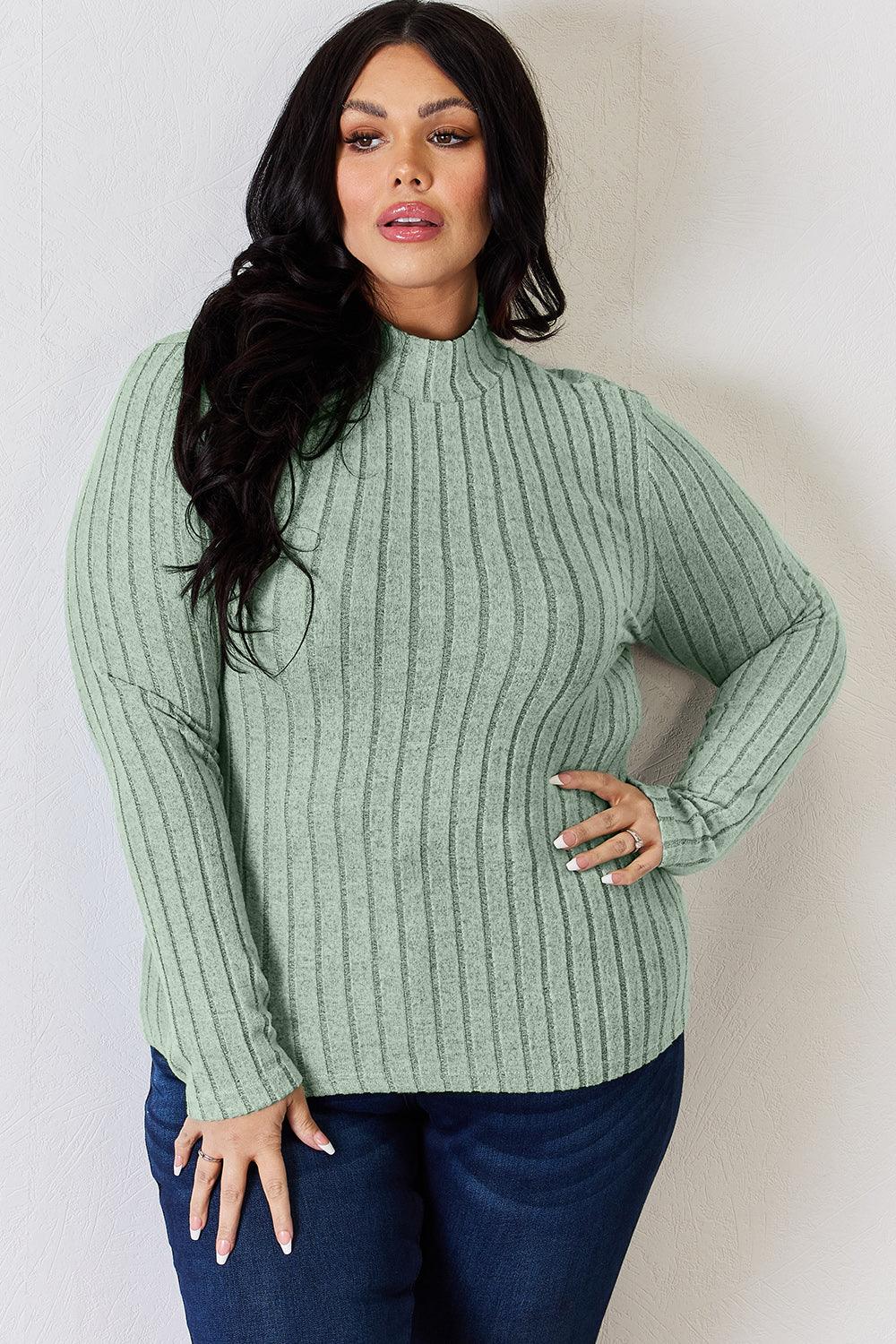 Full Size Ribbed Mock Neck Long Sleeve T-Shirt-Trendy Canvas