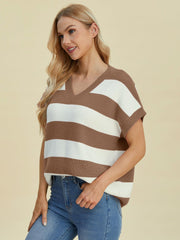 Double Take Full Size Striped V-Neck Short Sleeve Sweater