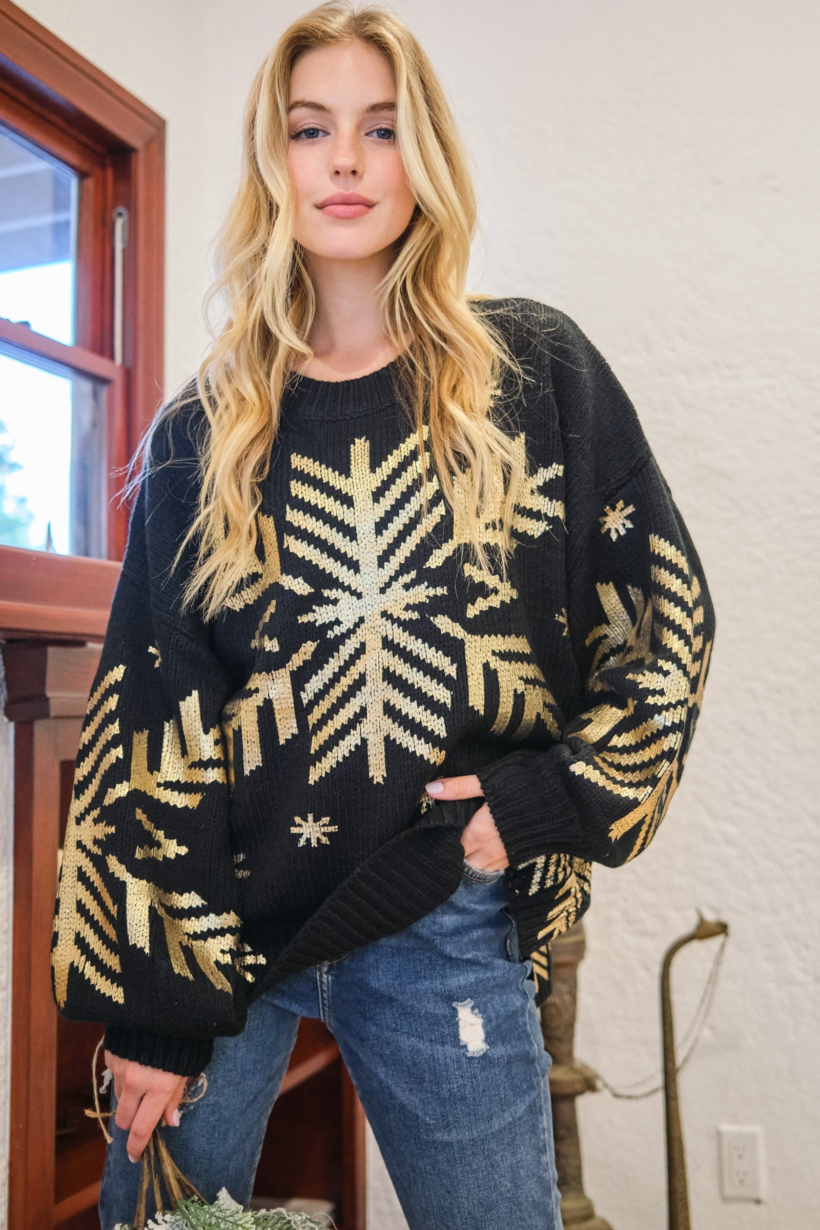 And The Why Foil Snowflake Round Neck Sweater-Trendy Canvas