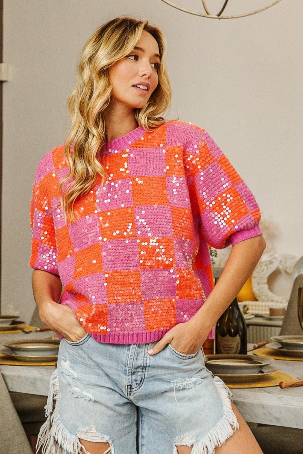 BiBi Checkered Short Sleeve Sequin Sweater-Trendy Canvas