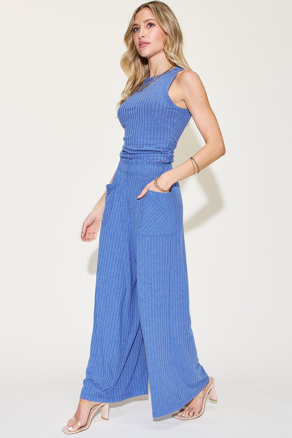 Basic Bae Full Size Ribbed Tank and Wide Leg Pants Set-Trendy Canvas