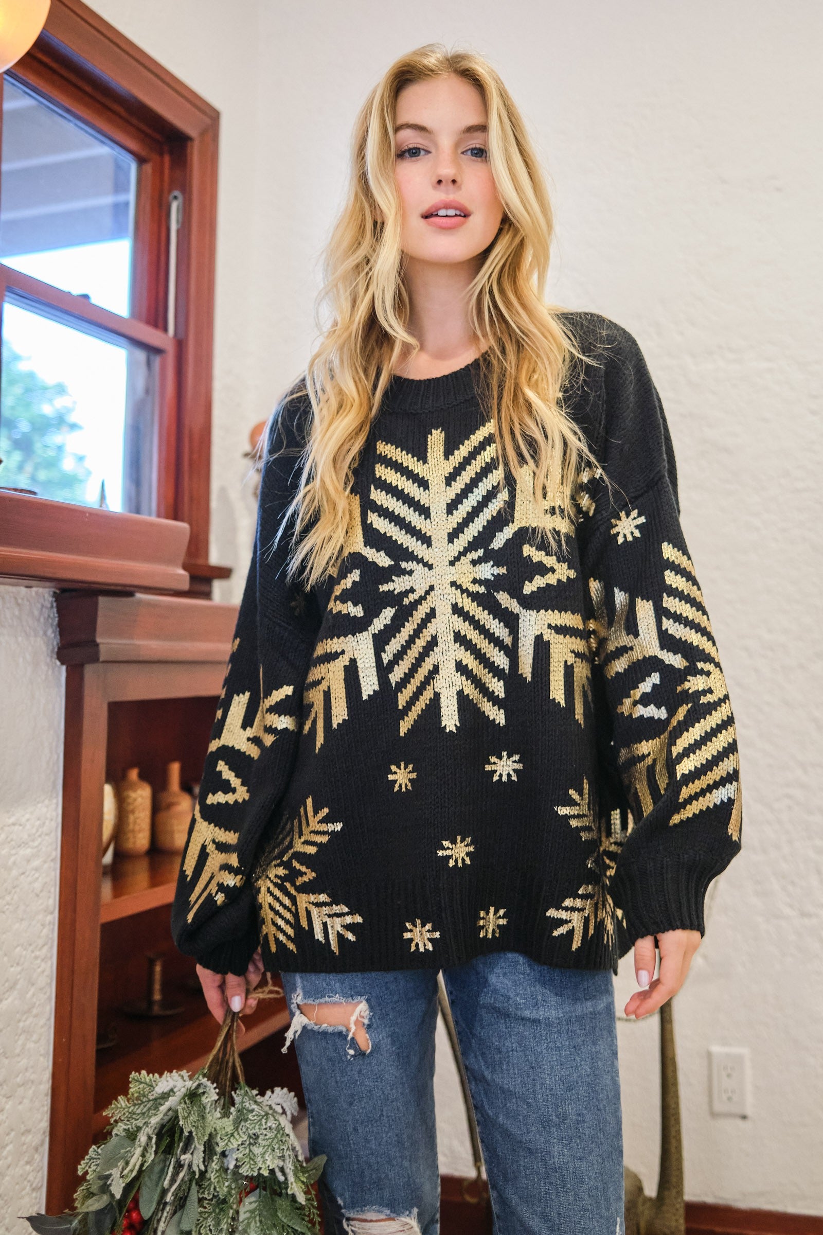 And The Why Foil Snowflake Round Neck Sweater-Trendy Canvas