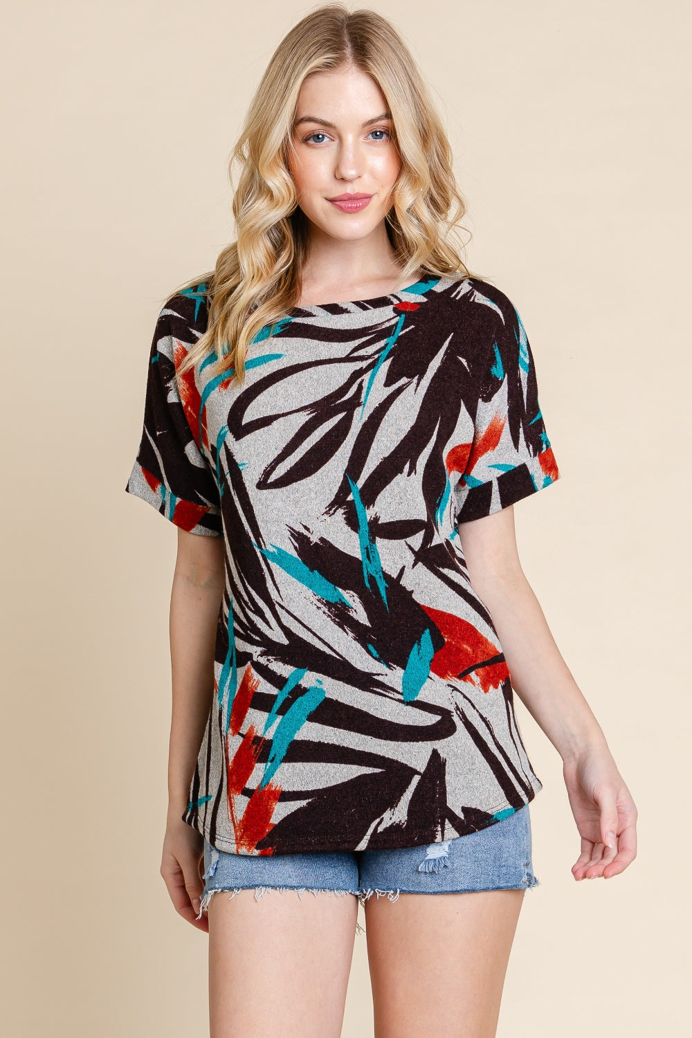 BOMBOM Printed Round Neck Short Sleeve T-Shirt-Trendy Canvas