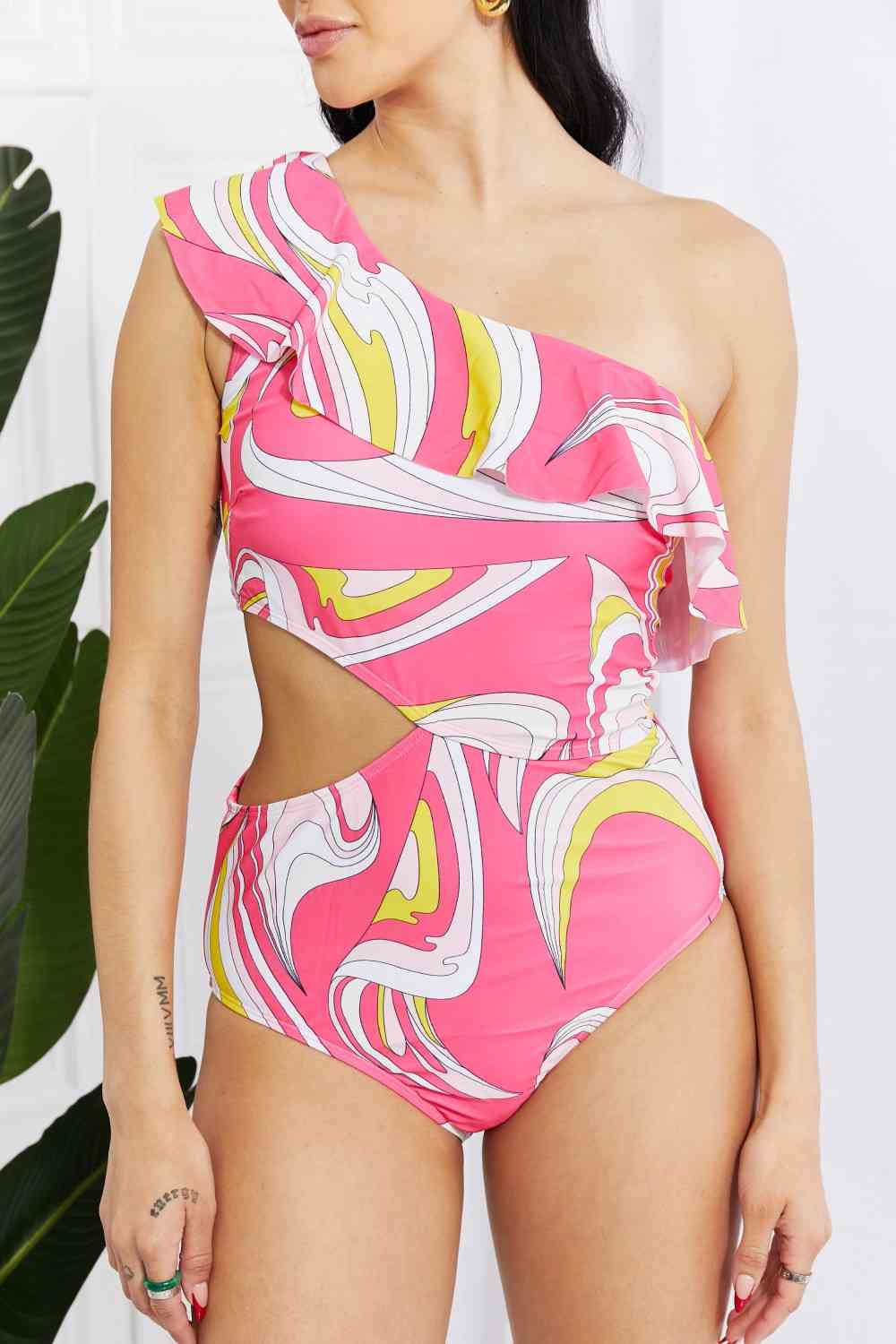 Marina West Swim Vitamin C Asymmetric Cutout Ruffle Swimsuit In Pink