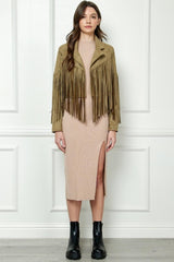 Veveret Suede Fringe Long Sleeve Moto Jacket