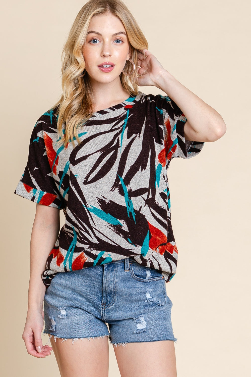 BOMBOM Printed Round Neck Short Sleeve T-Shirt-Trendy Canvas