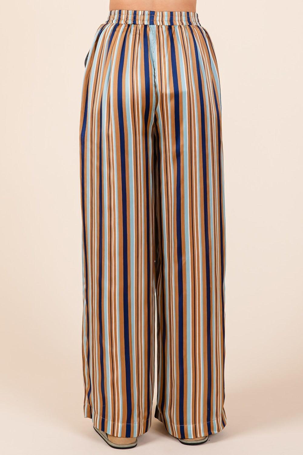 Mittoshop Striped Satin Elastic Waist Wide Leg Pants-Trendy Canvas