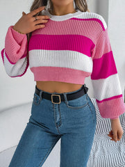 Color Block Round Neck Cropped Sweater