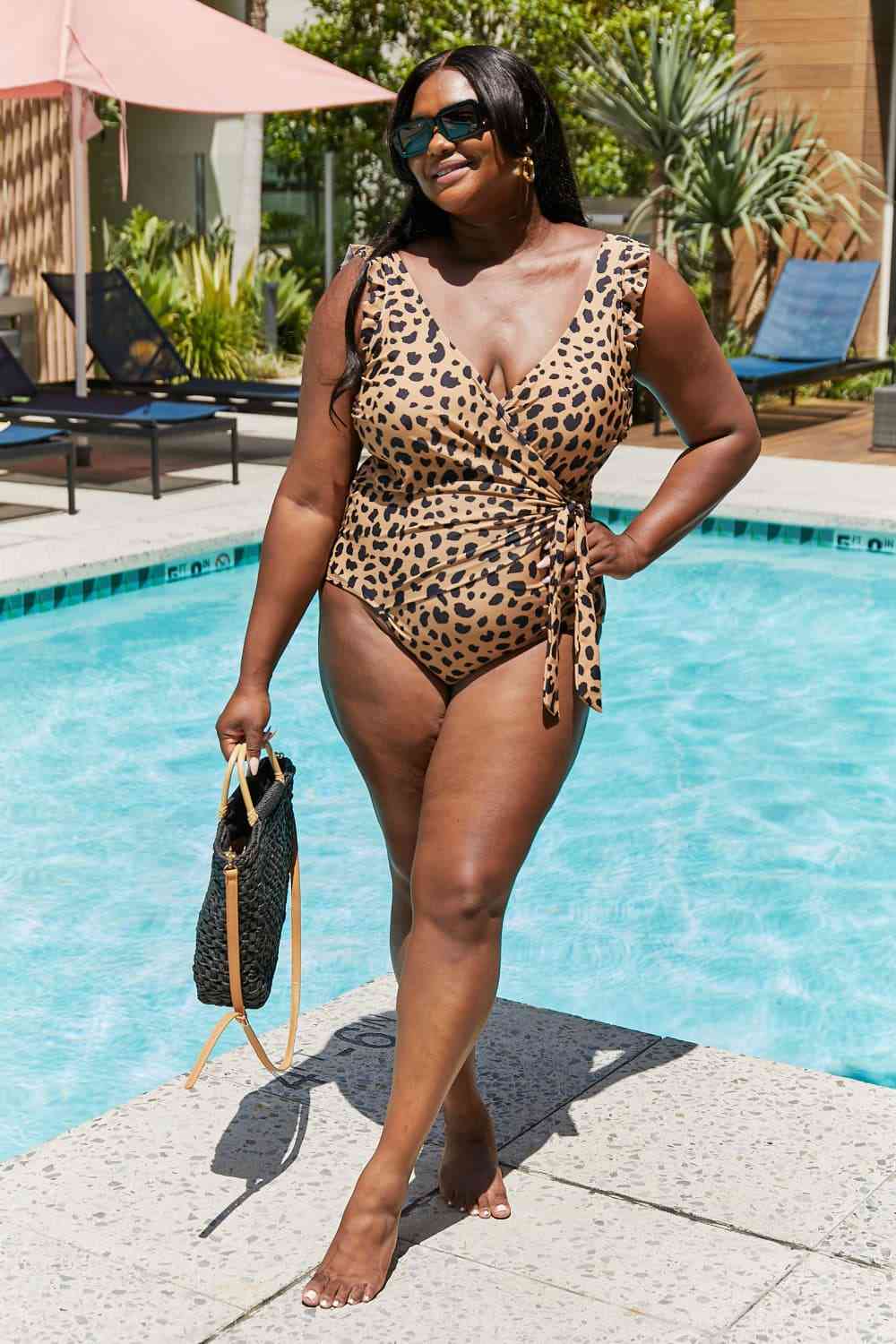 Marina West Swim Full Size Float On Ruffle Faux Wrap One-Piece In Leopard