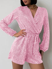 Full Size Sequin Surplice Tie Waist Long Sleeve Romper