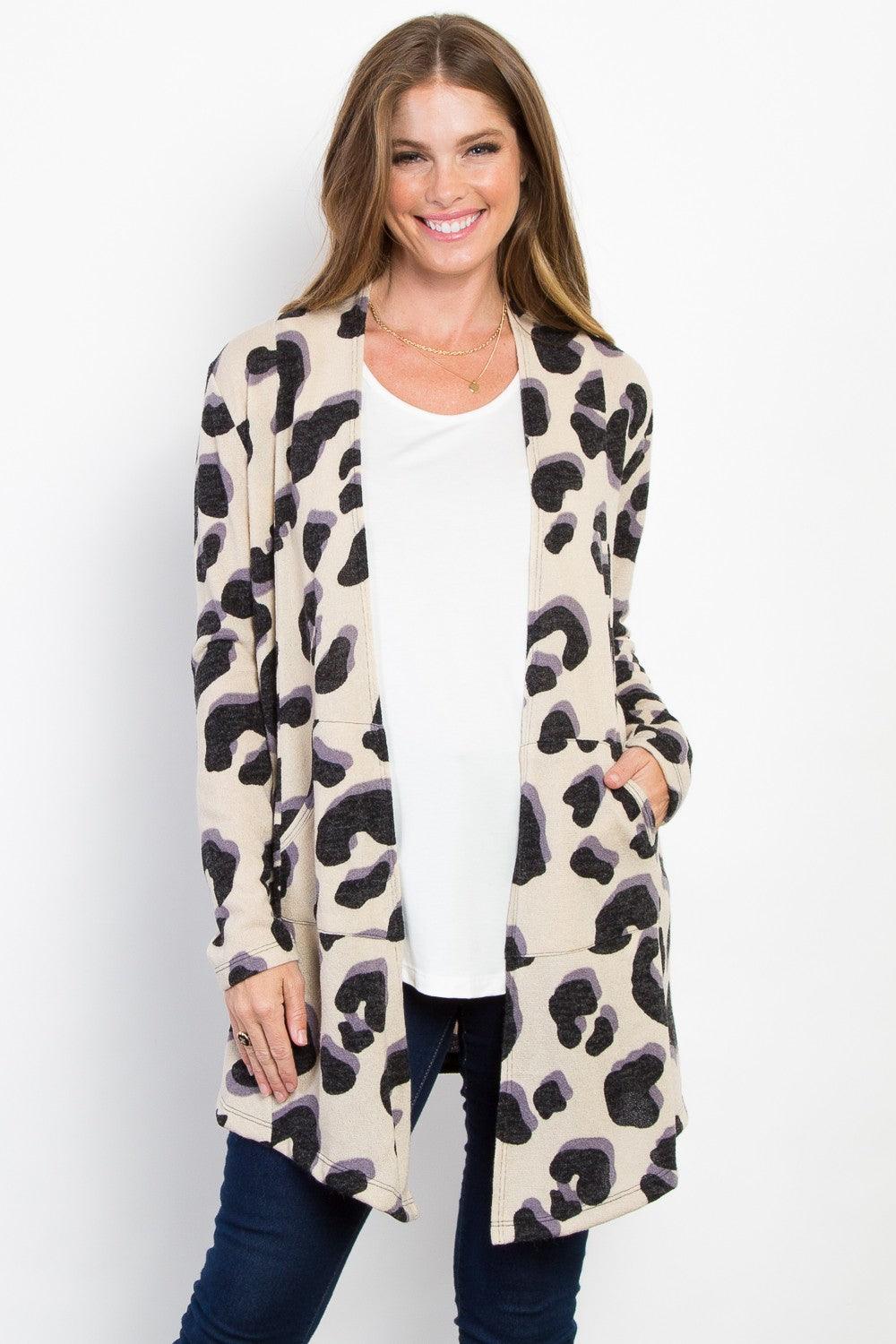 Be Stage Printed Open Front Knit Cardigan with Pockets-Trendy Canvas