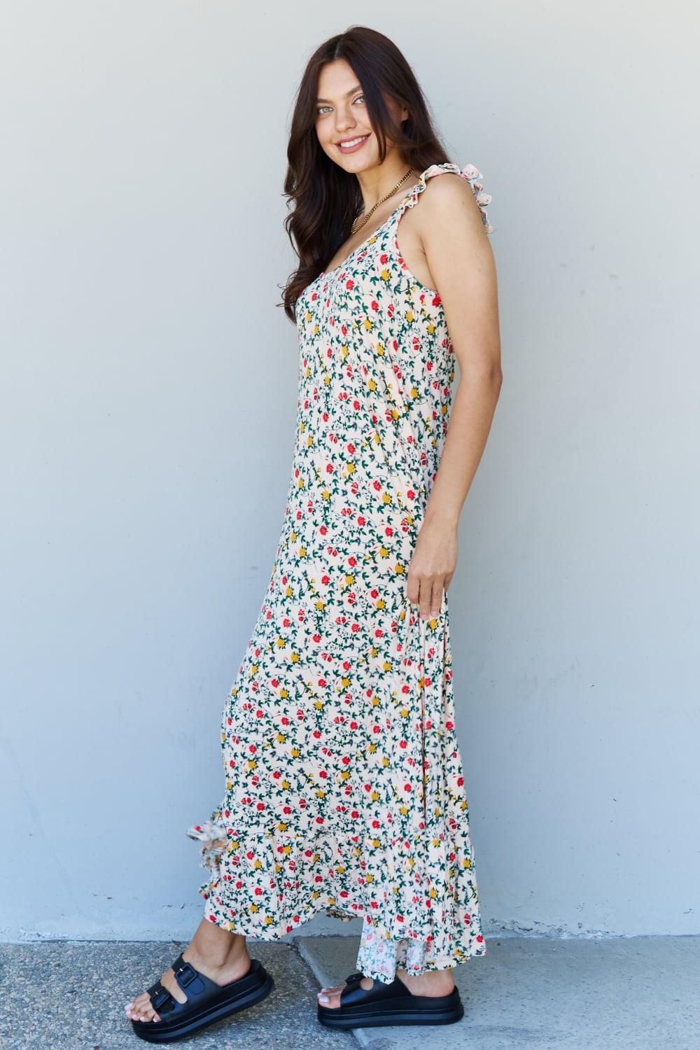 Doublju In The Garden Ruffle Floral Maxi Dress in Natural Rose-Trendy Canvas