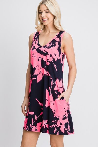 Heimish Full Size Floral V-Neck Tank Dress With Pockets