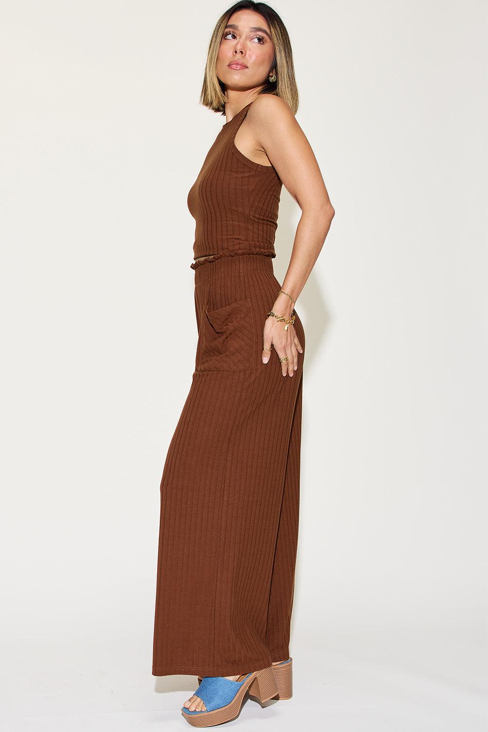 Basic Bae Full Size Ribbed Tank and Wide Leg Pants Set-Trendy Canvas